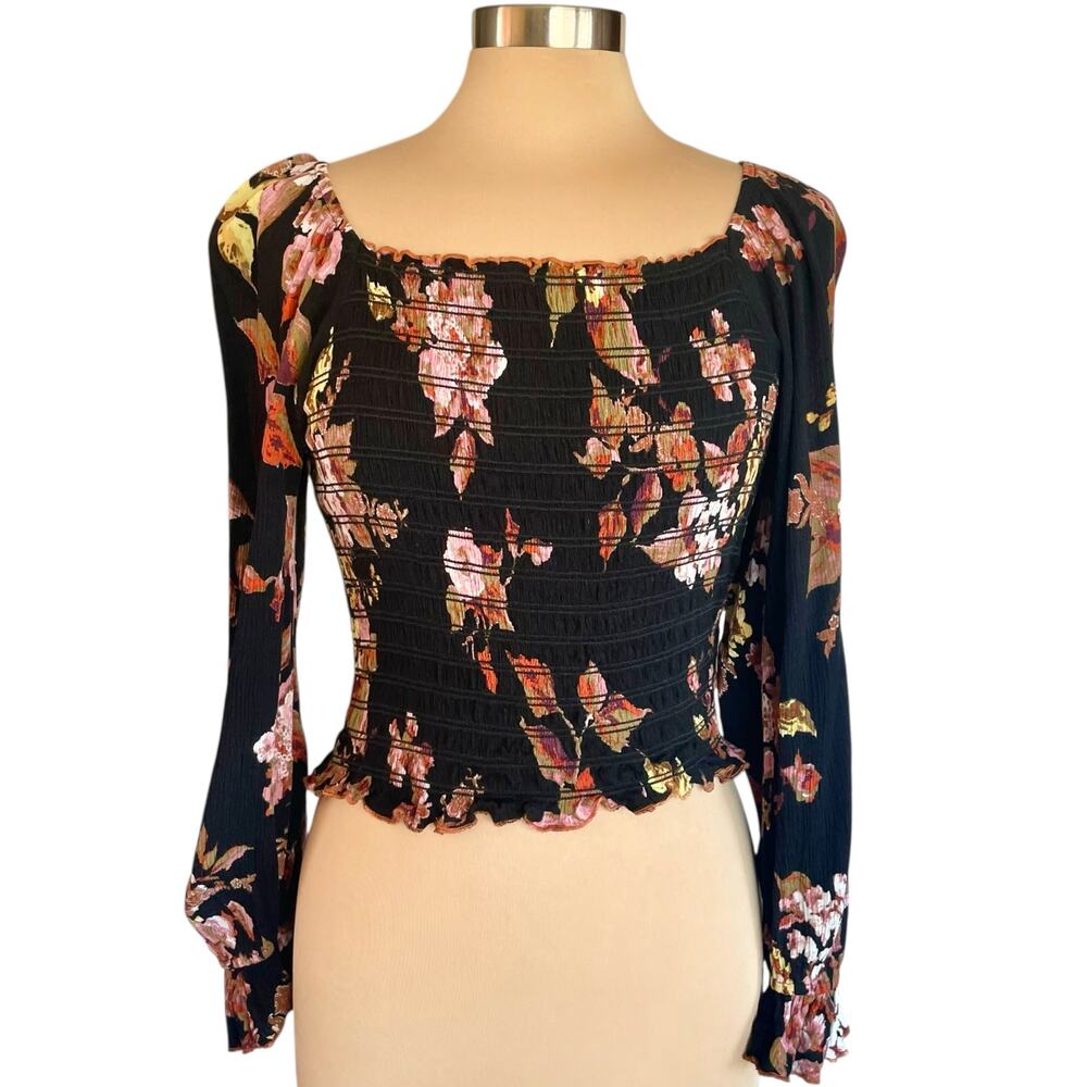 Hem & Thread Dark Floral Y2K Crop Top Womens L Smocked Milk‎ Maid Fairy Grunge